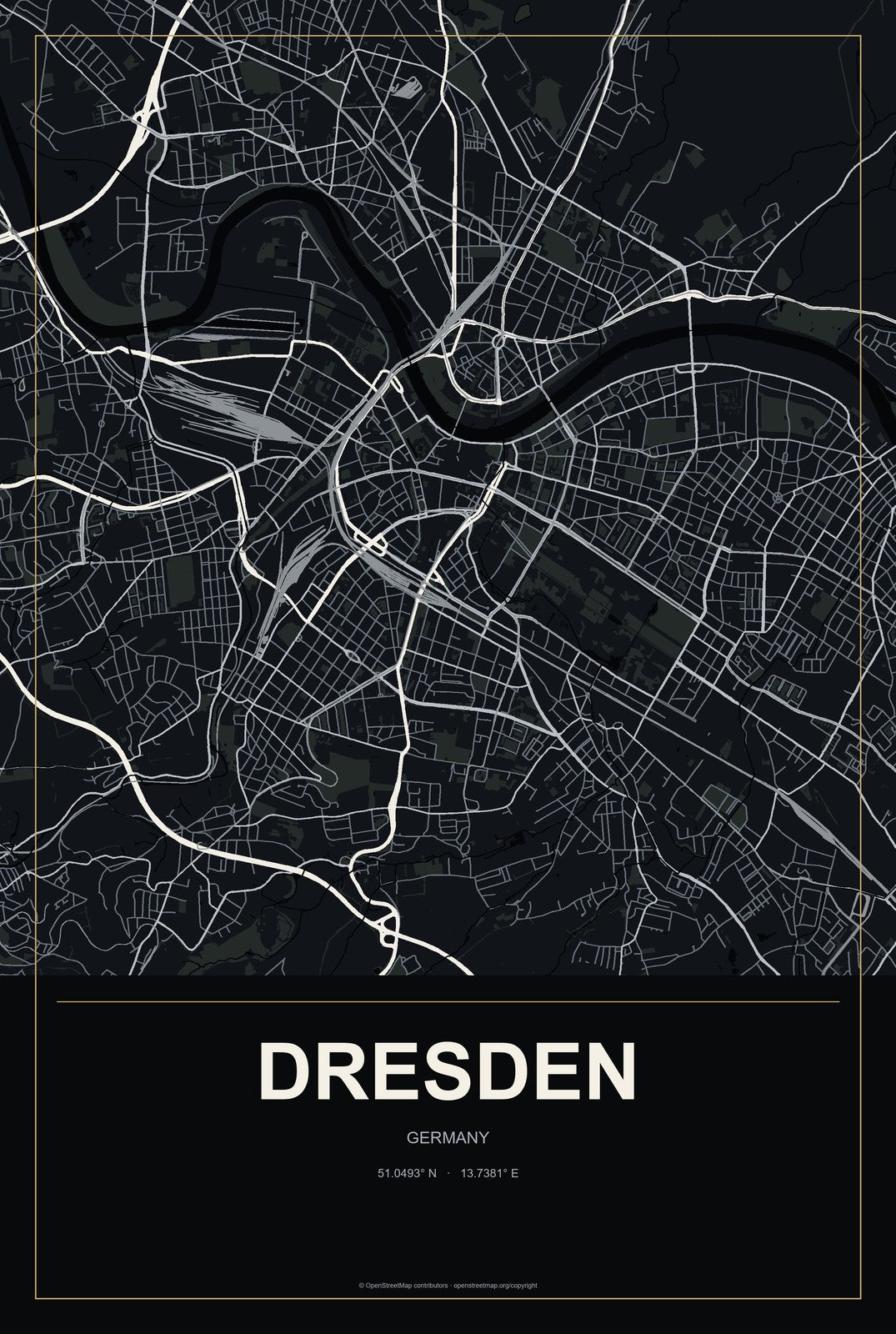 Dresden, Germany City Map Aluminum Sign in Metropolitan Noir style