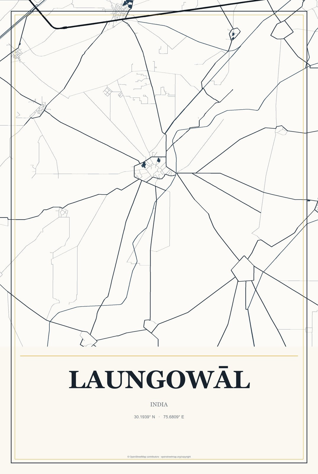 Laungowāl, India City Map Aluminum Sign in Citrine Modern style