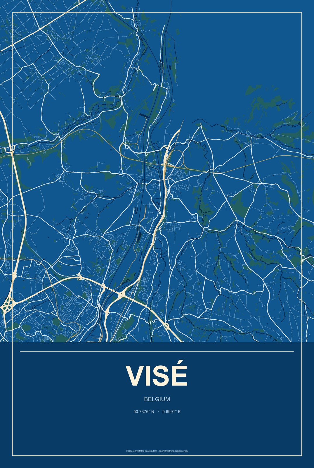 Visé, Belgium City Map Aluminum Sign in Harbor Cobalt style