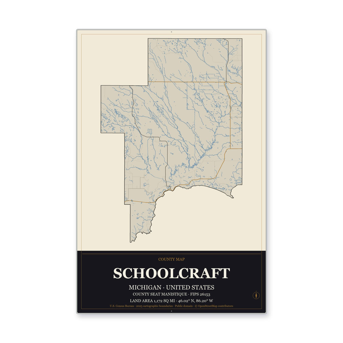 Schoolcraft County, Michigan Map Aluminum Sign in Museum Plaque style
