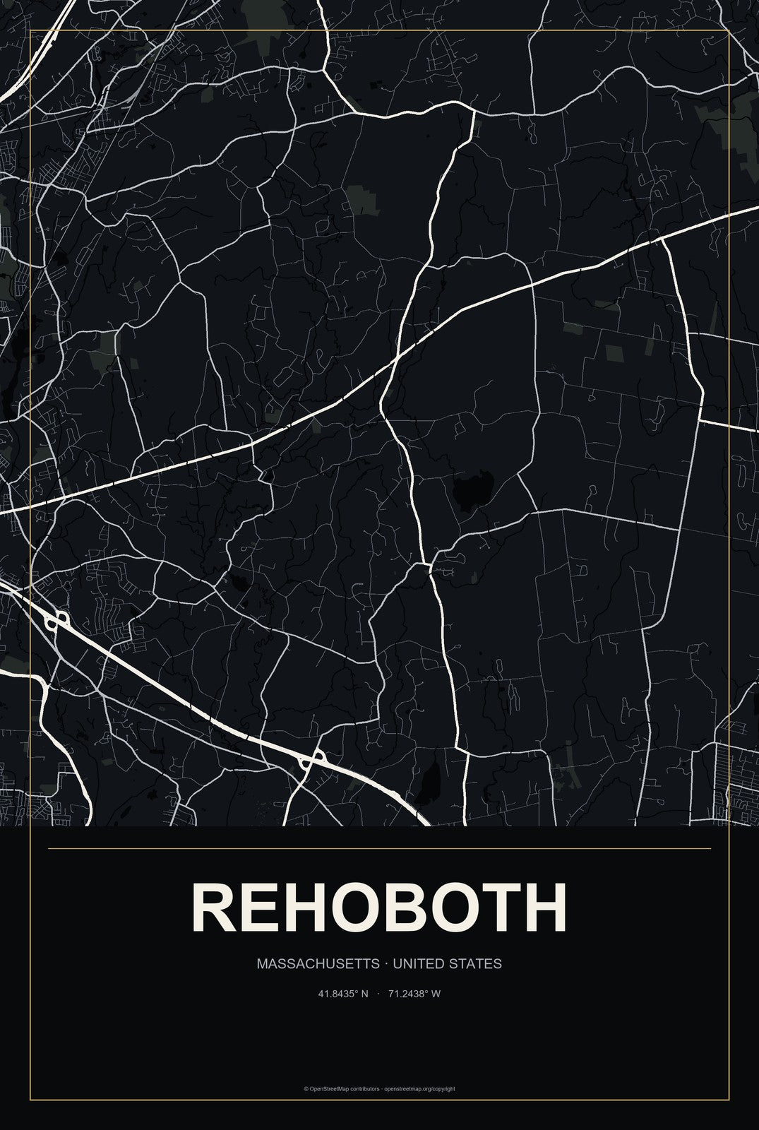 Rehoboth, Massachusetts City Map Aluminum Sign in Metropolitan Noir style