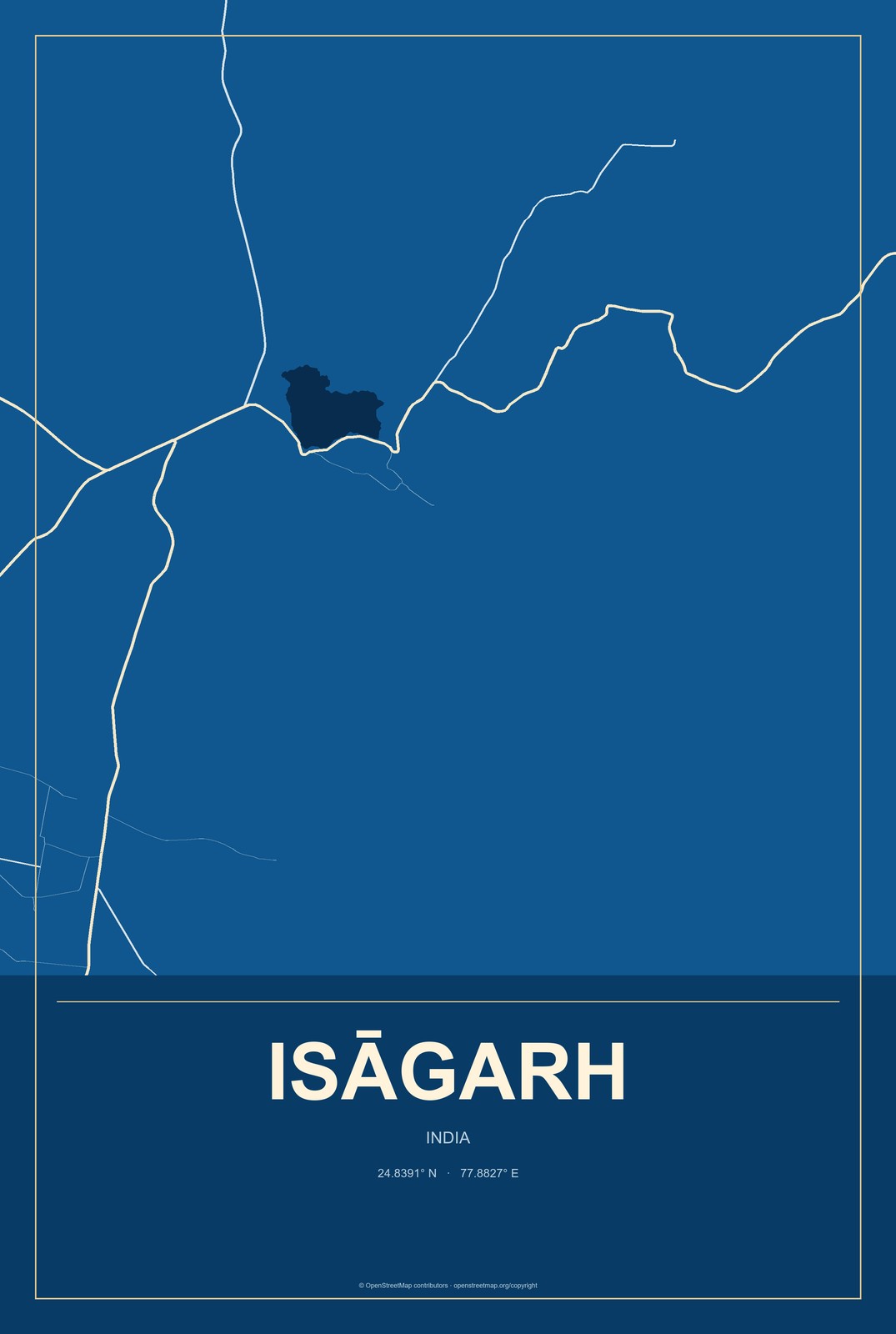 Isāgarh, India City Map Aluminum Sign in Harbor Cobalt style