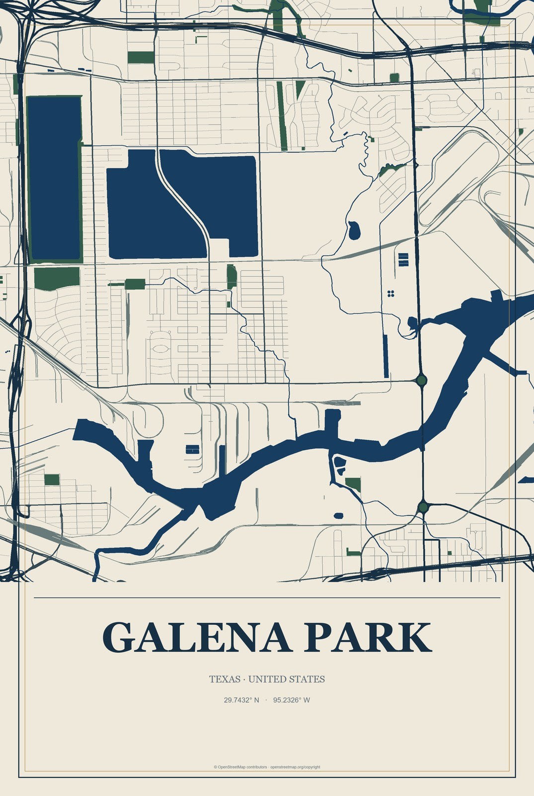 Galena Park, Texas City Map Aluminum Sign in Coastal Cutout style