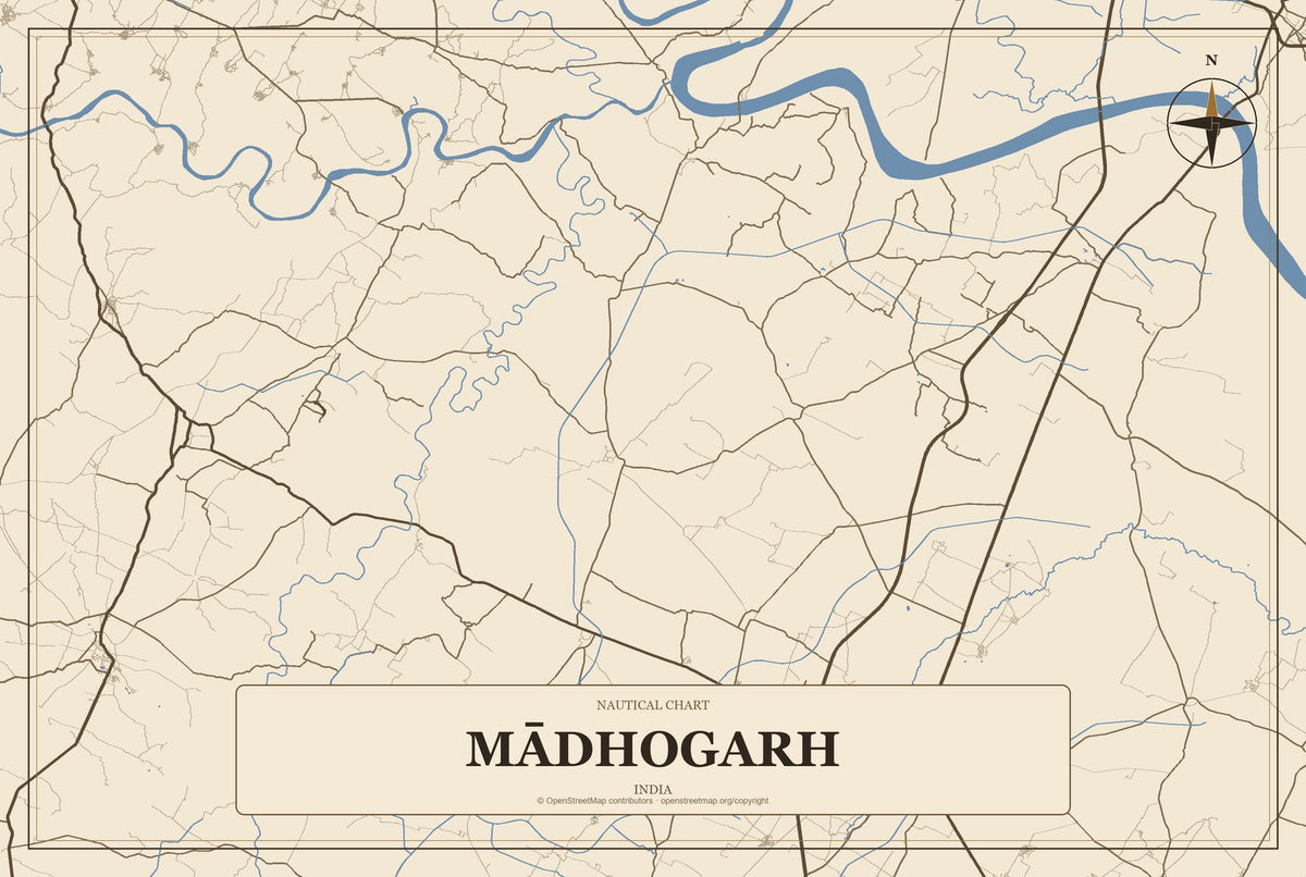 Mādhogarh, India City Map Aluminum Sign in Heritage Nautical style