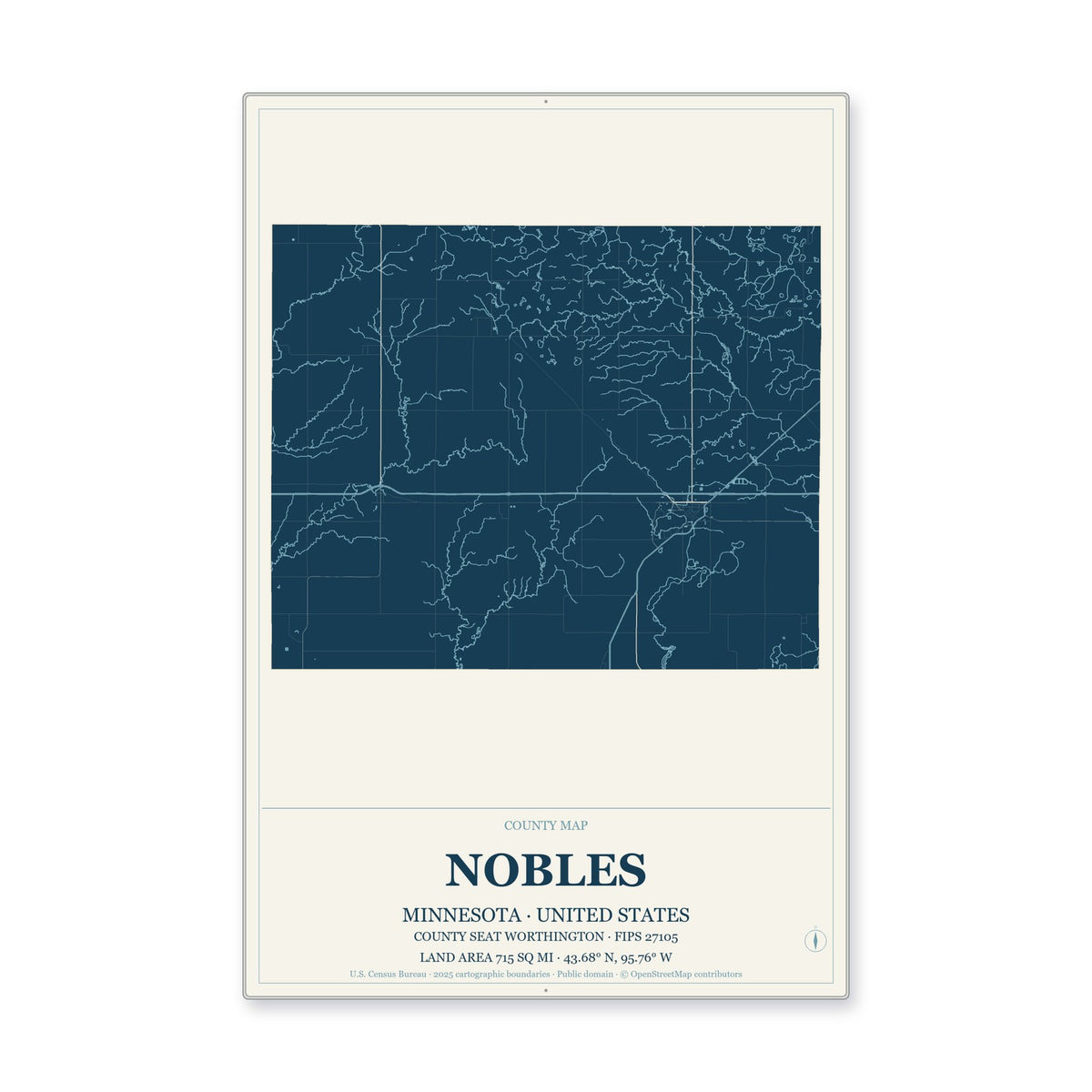 Nobles County, Minnesota Map Aluminum Sign in Coastal Cutout style