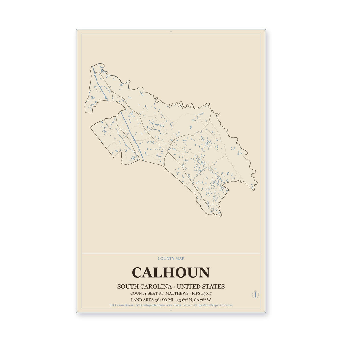 Calhoun County, South Carolina Map Aluminum Sign in Heritage Nautical style