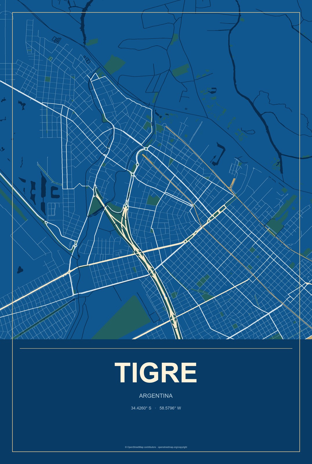 Tigre, Argentina City Map Aluminum Sign in Harbor Cobalt style