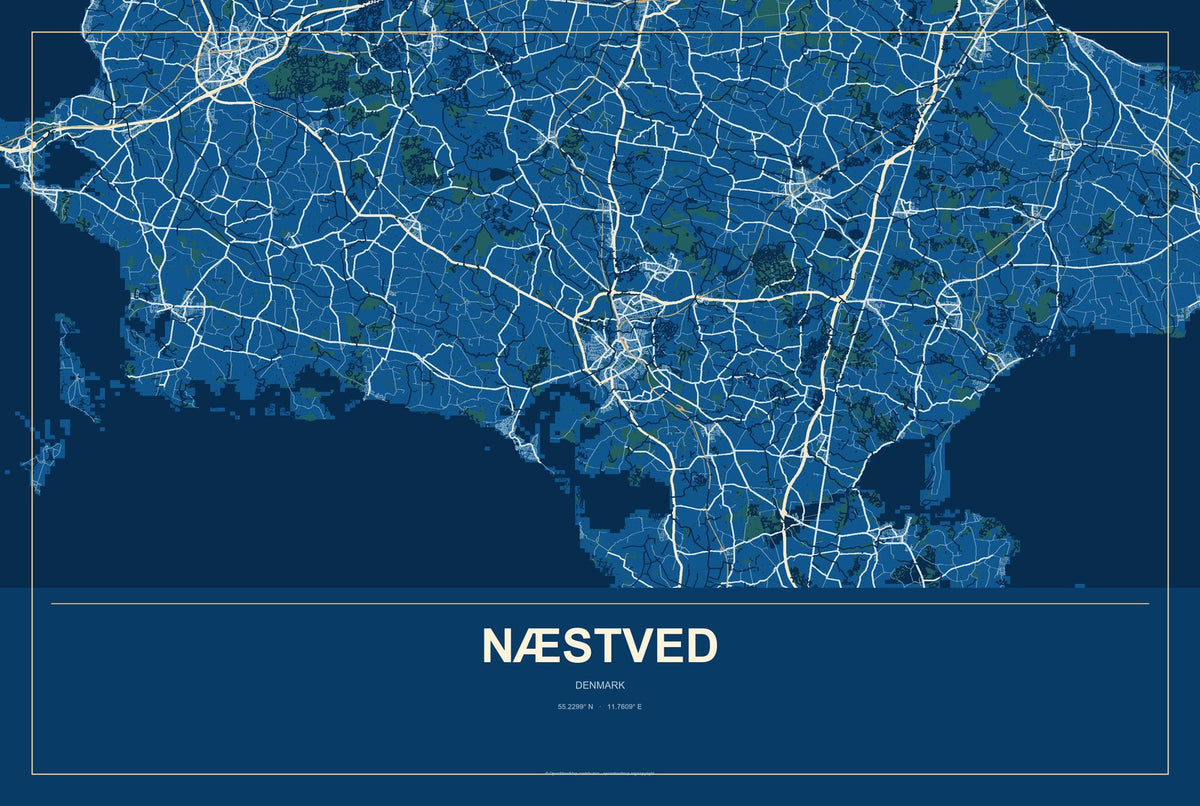 Næstved, Denmark City Map Aluminum Sign in Harbor Cobalt style
