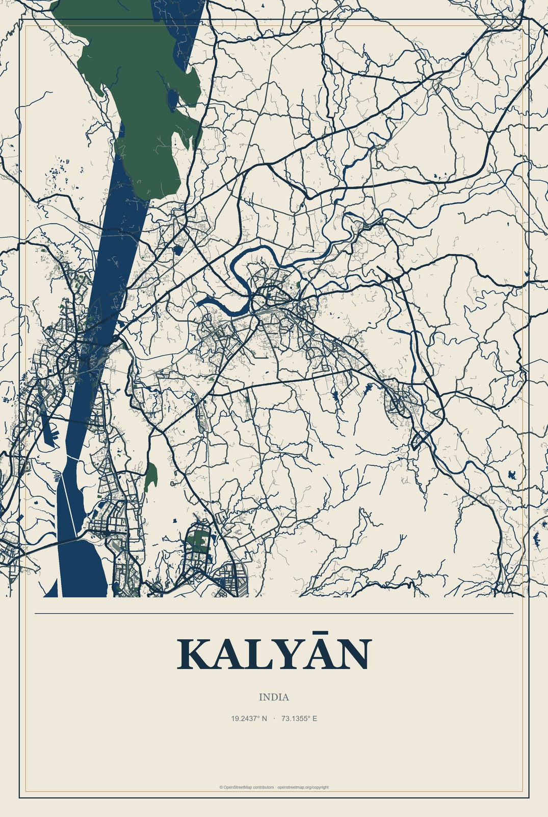 Kalyān, India City Map Aluminum Sign in Coastal Cutout style
