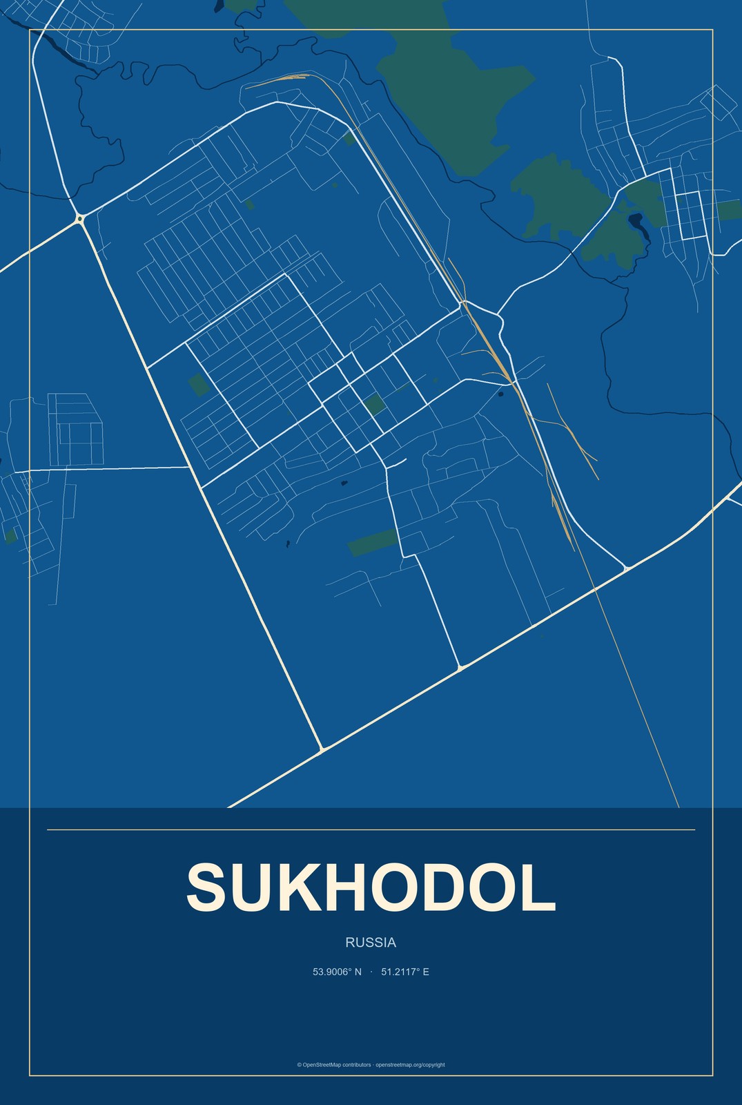 Sukhodol, Russia City Map Aluminum Sign in Harbor Cobalt style