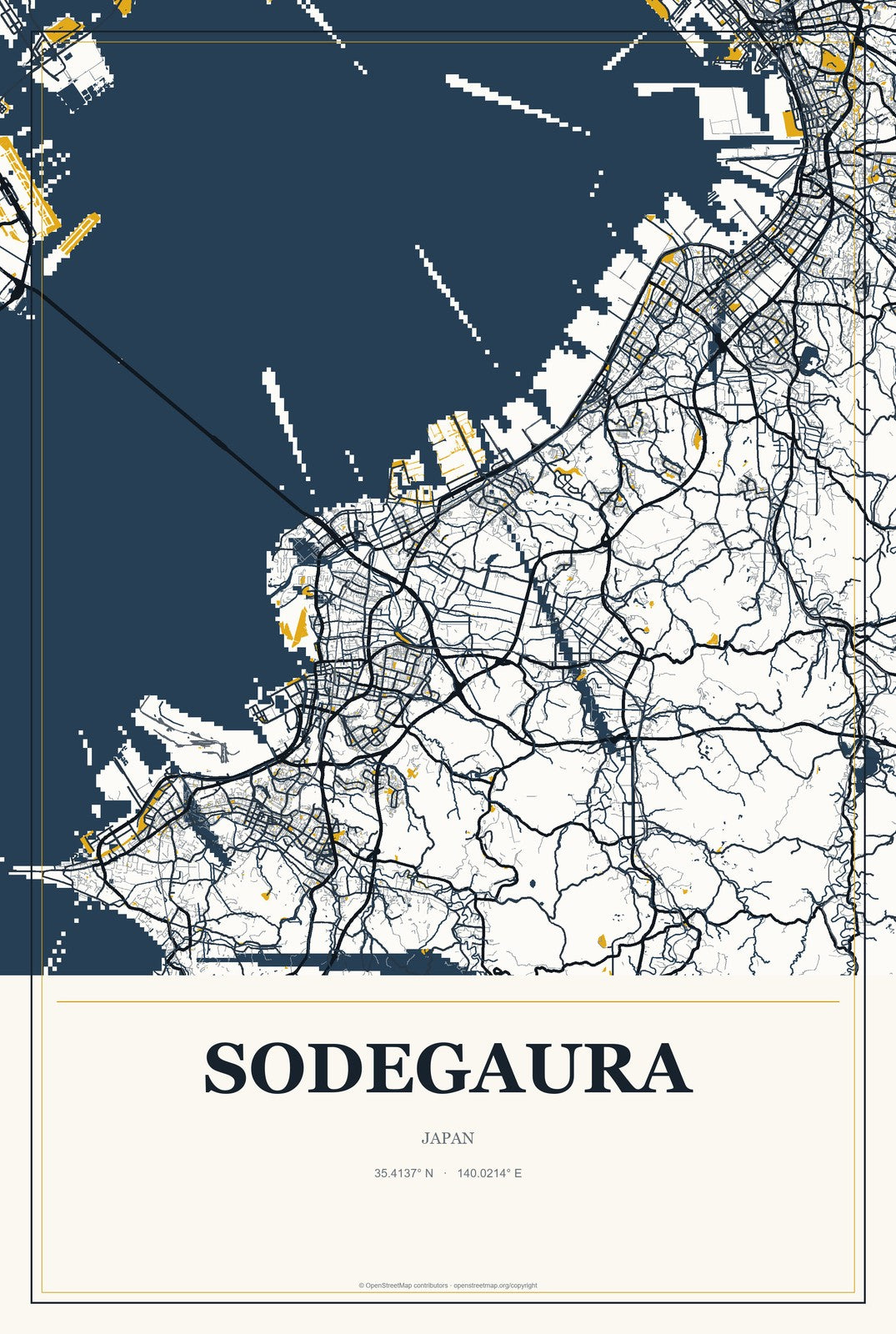 Sodegaura, Japan City Map Aluminum Sign in Citrine Modern style