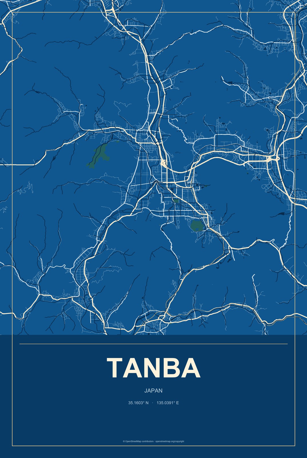 Tanba, Japan City Map Aluminum Sign in Harbor Cobalt style
