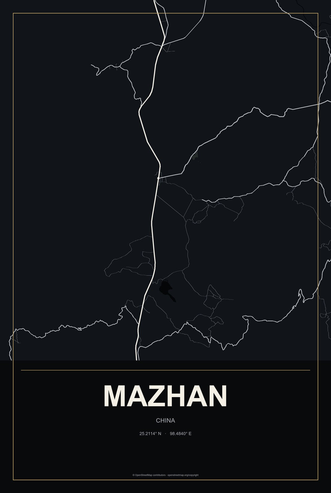 Mazhan, China City Map Aluminum Sign in Metropolitan Noir style
