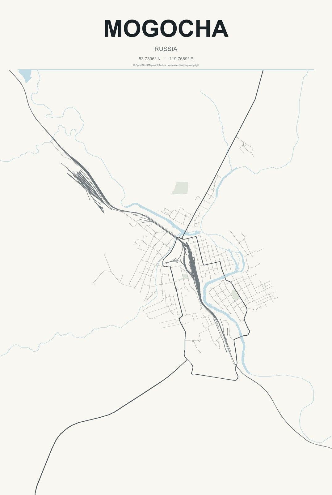 Mogocha, Russia City Map Aluminum Sign in Headline Atlas style