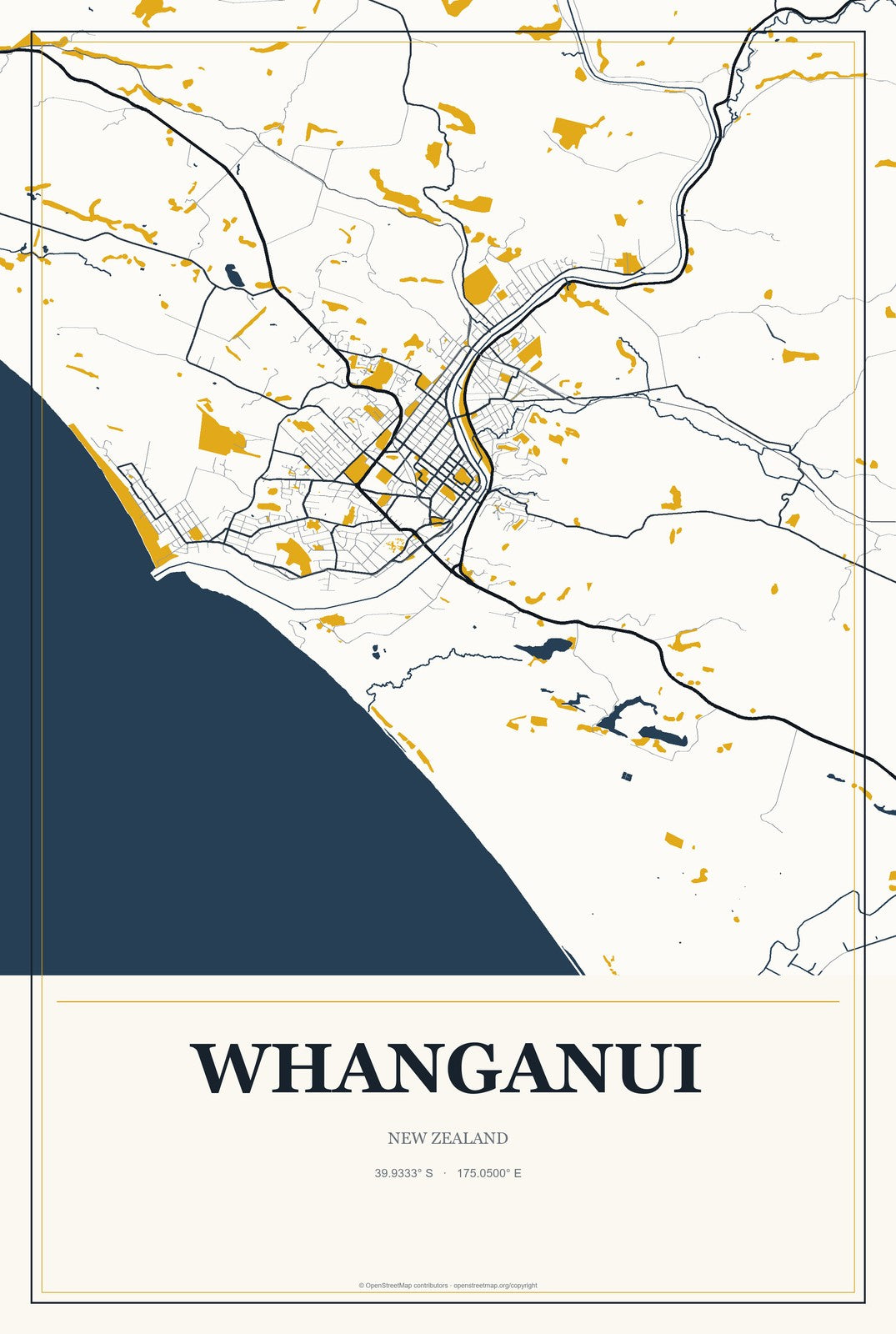 Whanganui, New Zealand City Map Aluminum Sign in Citrine Modern style