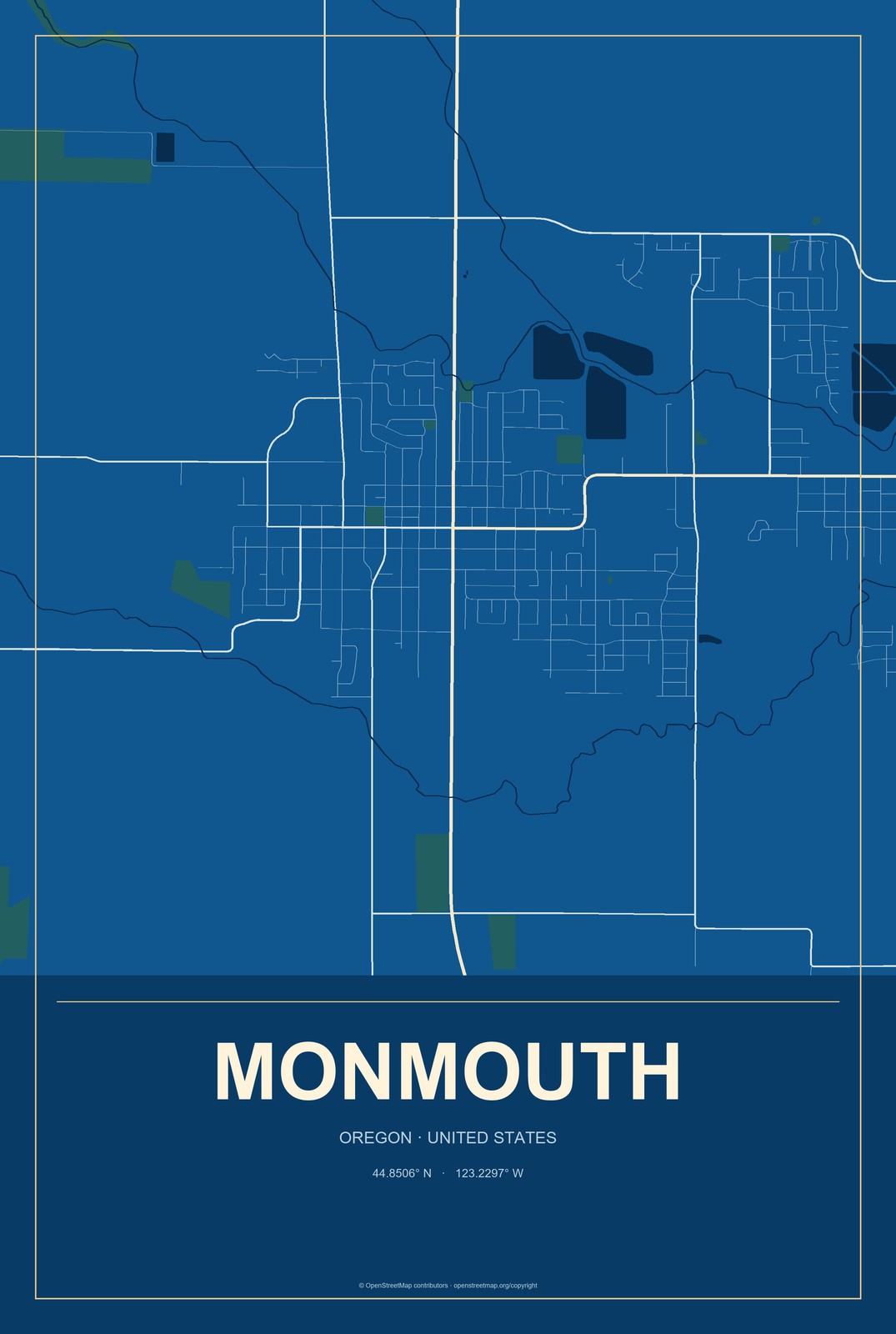 Monmouth, Oregon City Map Aluminum Sign in Harbor Cobalt style