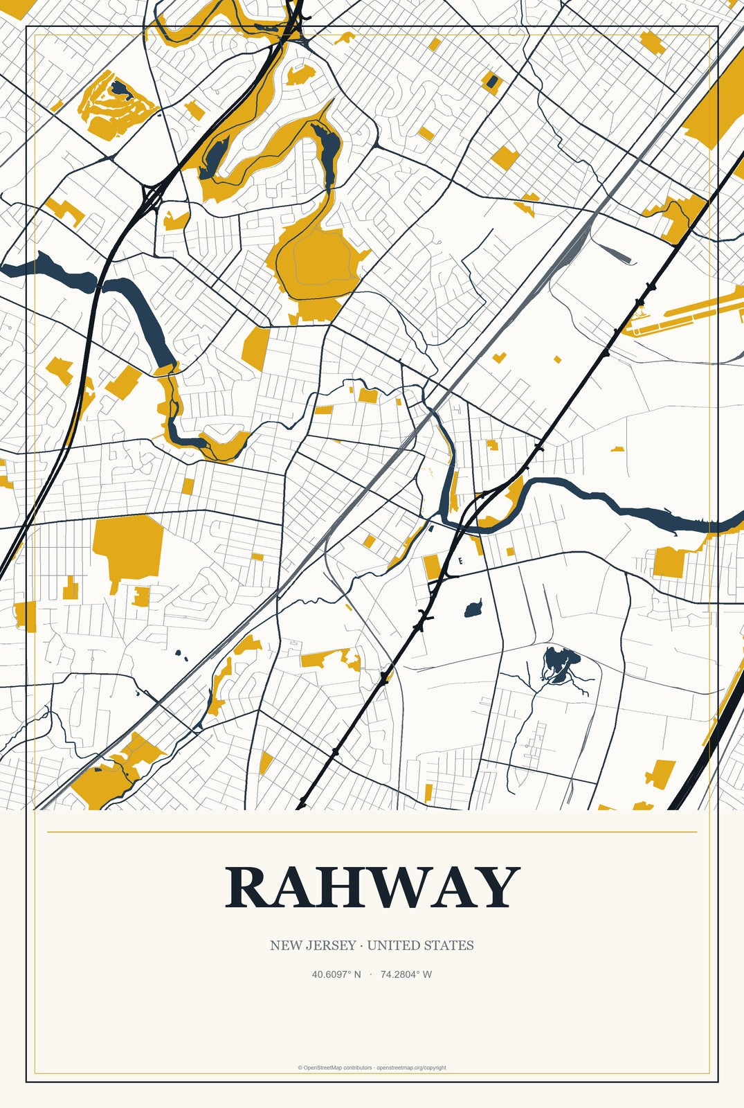 Rahway, New Jersey City Map Aluminum Sign in Citrine Modern style