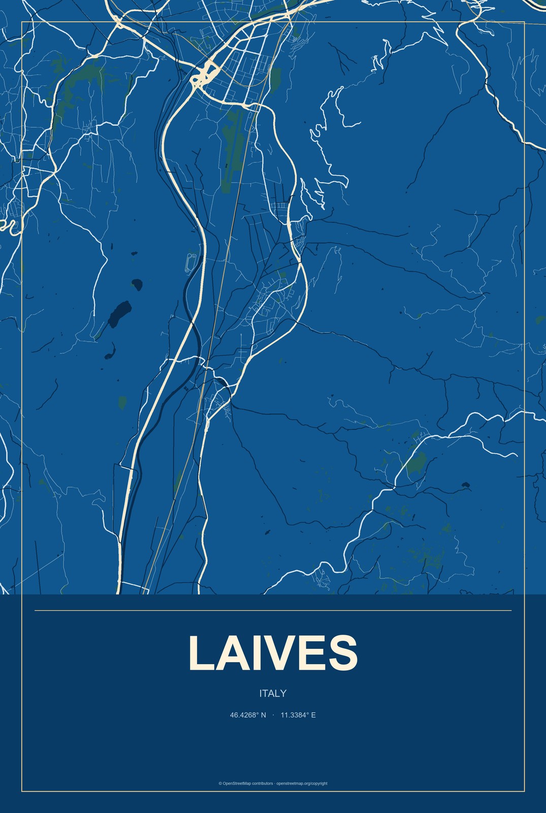 Laives, Italy City Map Aluminum Sign in Harbor Cobalt style