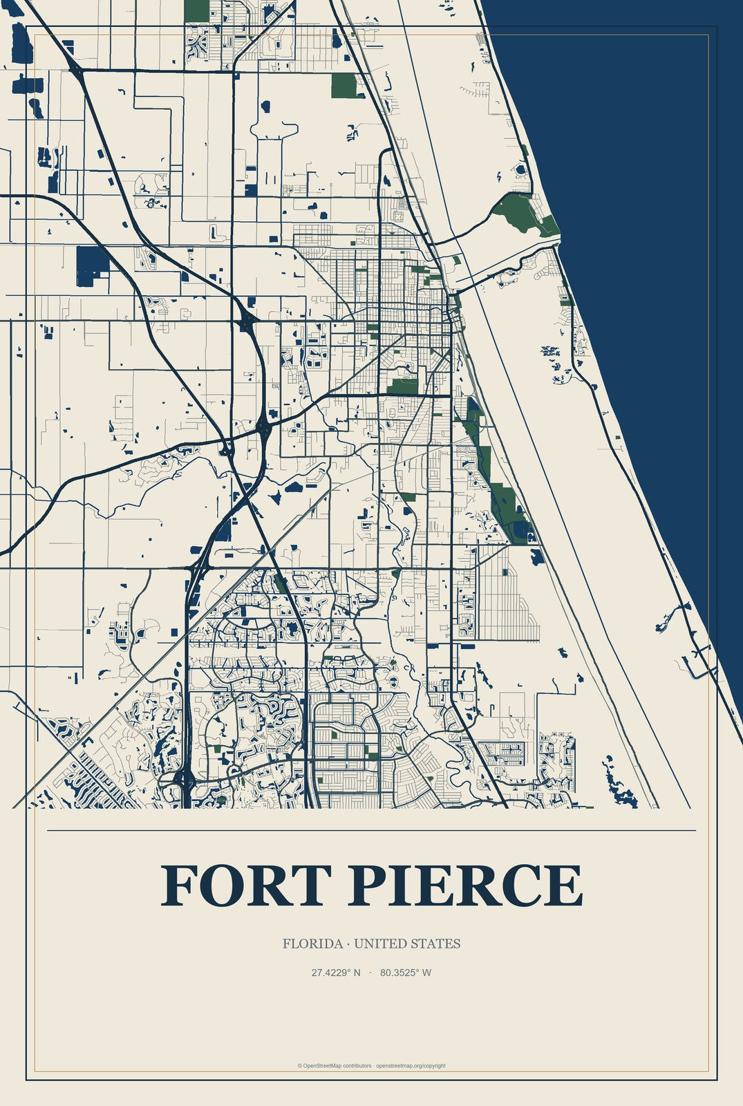 Fort Pierce, Florida City Map Aluminum Sign in Coastal Cutout style