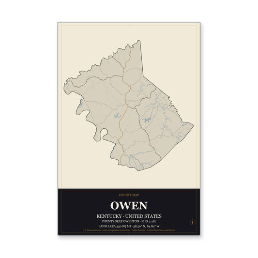 Owen County, Kentucky Map Aluminum Sign in Museum Plaque style