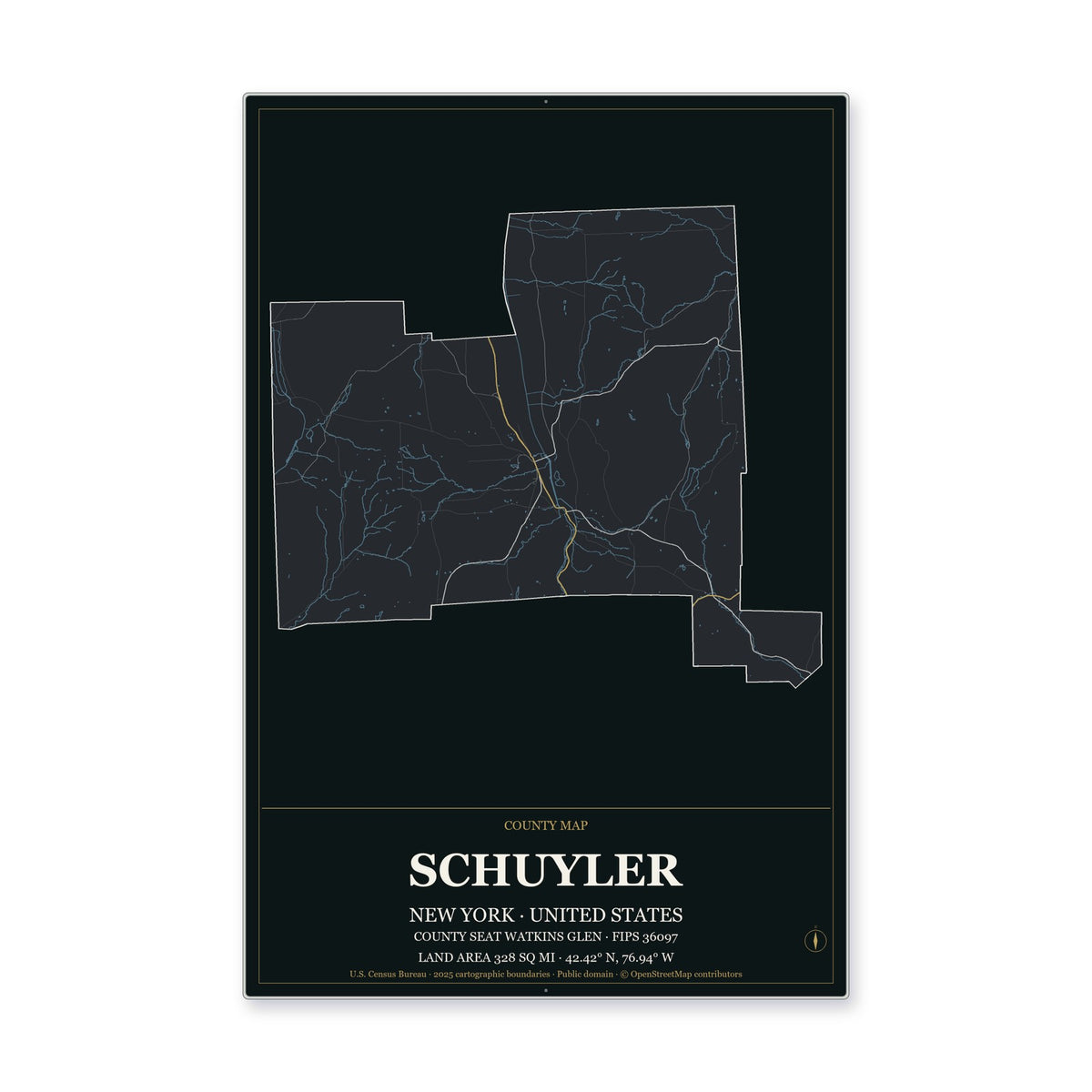 Schuyler County, New York Map Aluminum Sign in Metropolitan Noir style