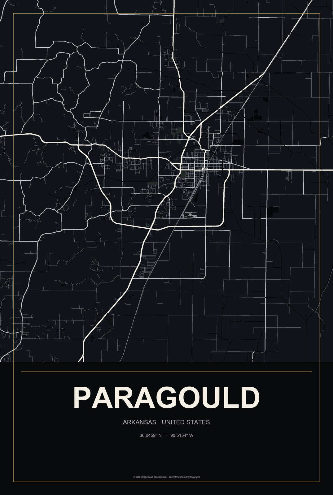 Paragould, Arkansas City Map Aluminum Sign in Metropolitan Noir style