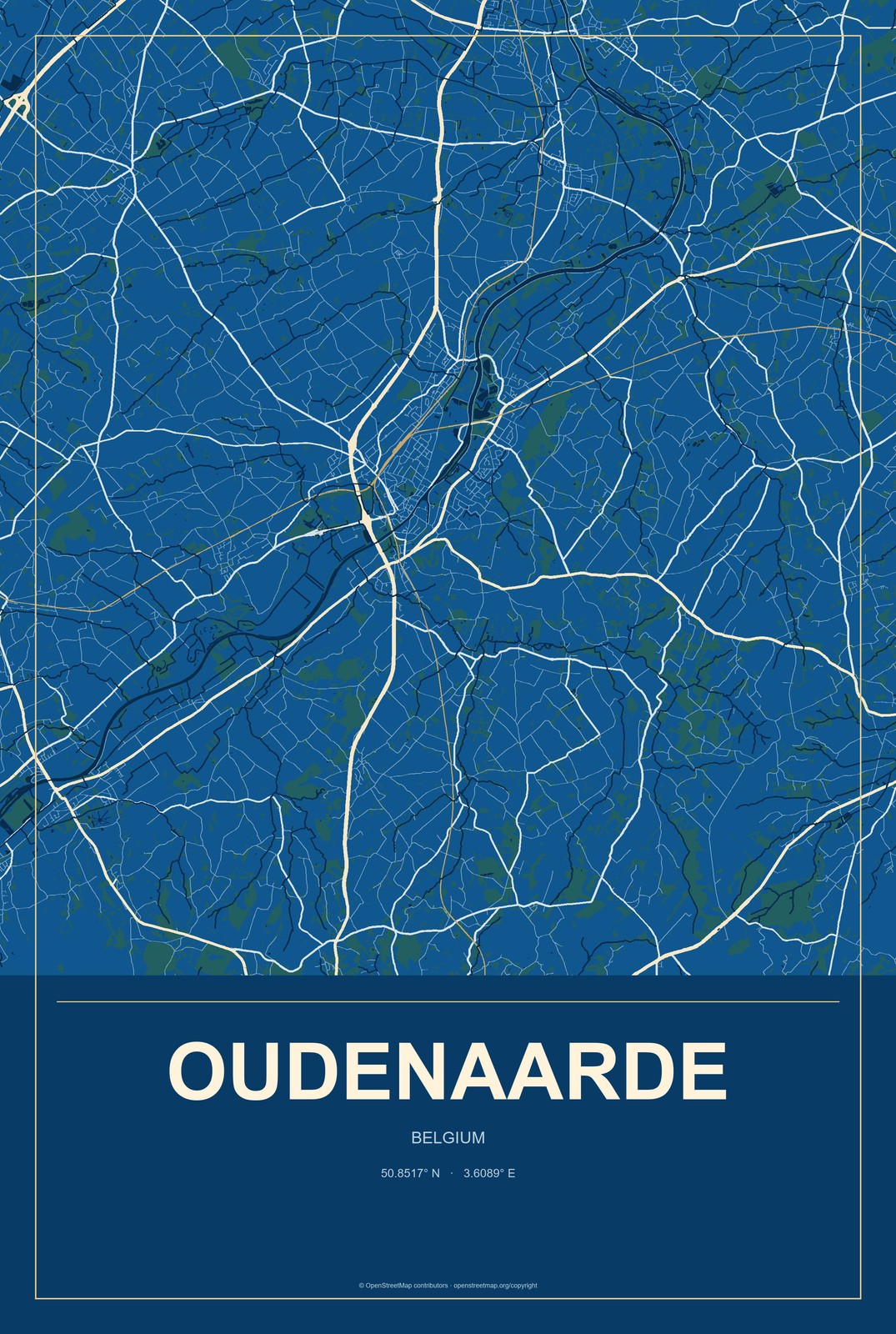 Oudenaarde, Belgium City Map Aluminum Sign in Harbor Cobalt style