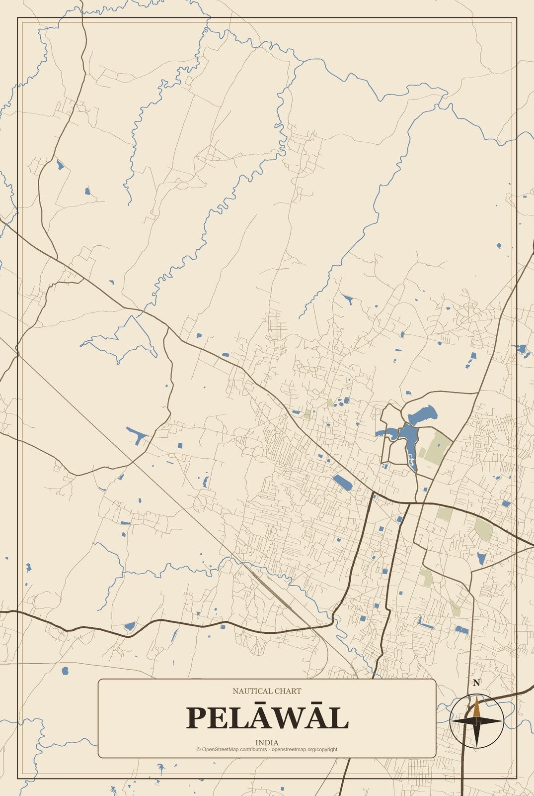Pelāwāl, India City Map Aluminum Sign in Heritage Nautical style