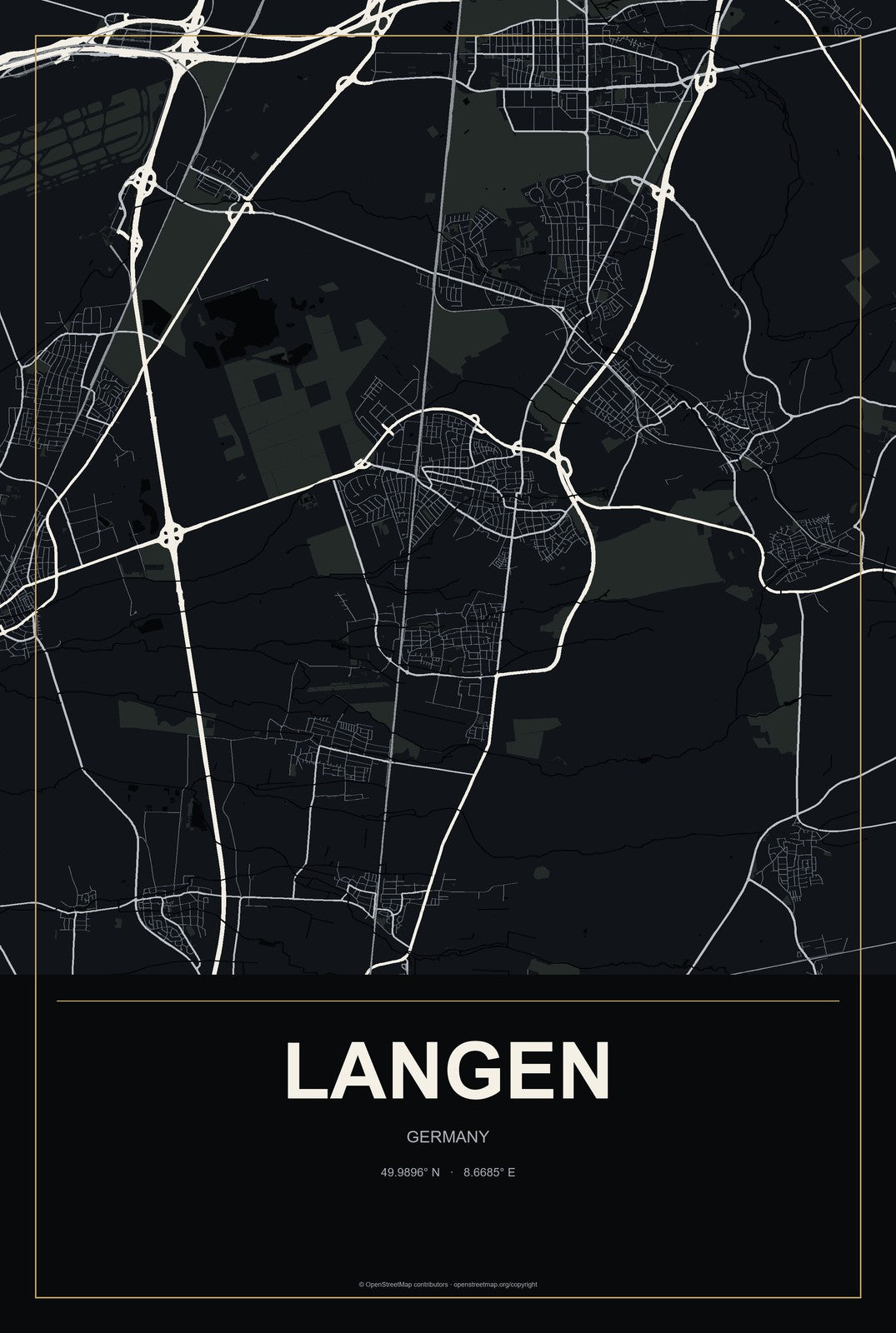 Langen, Lower Saxony, Germany City Map Aluminum Sign in Metropolitan Noir style