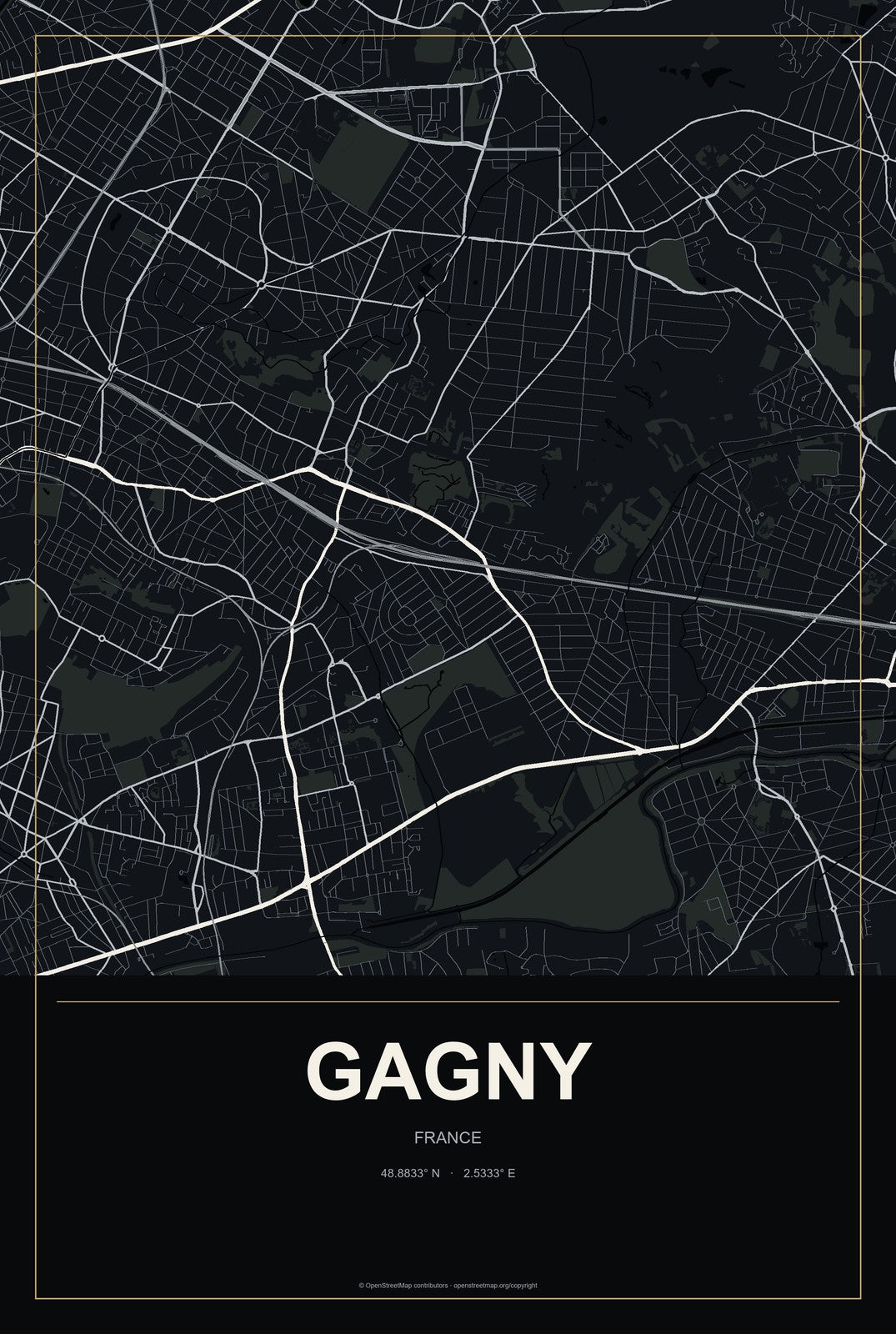 Gagny, France City Map Aluminum Sign in Metropolitan Noir style