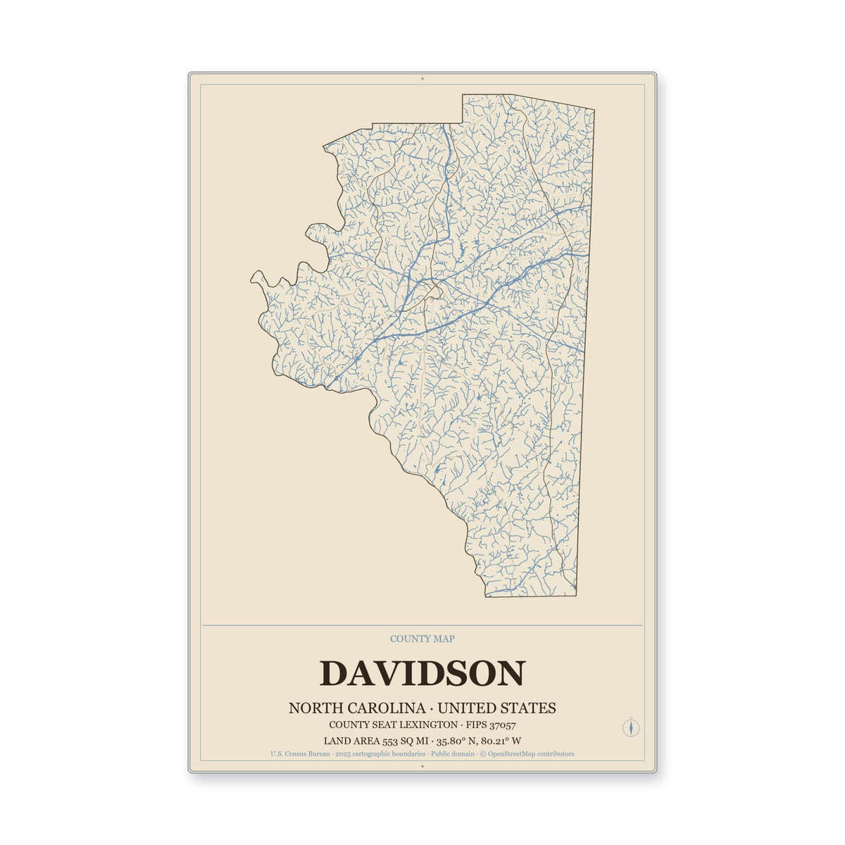 Davidson County, North Carolina Map Aluminum Sign in Heritage Nautical style