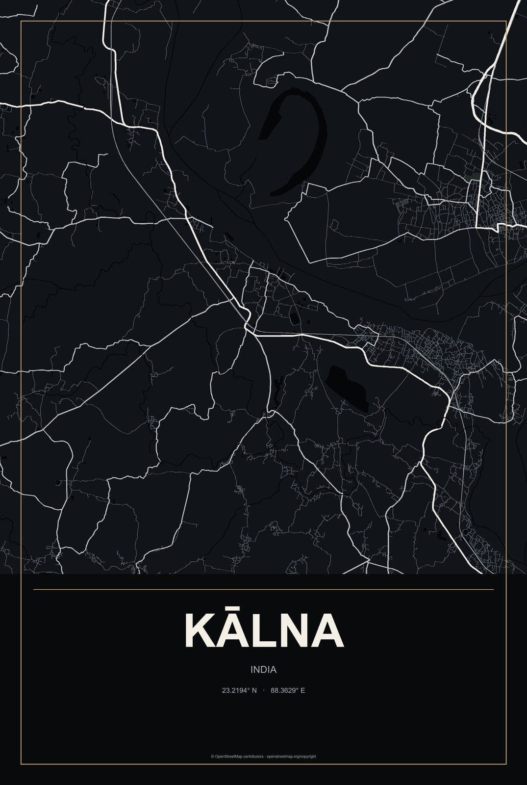 Kālna, India City Map Aluminum Sign in Metropolitan Noir style