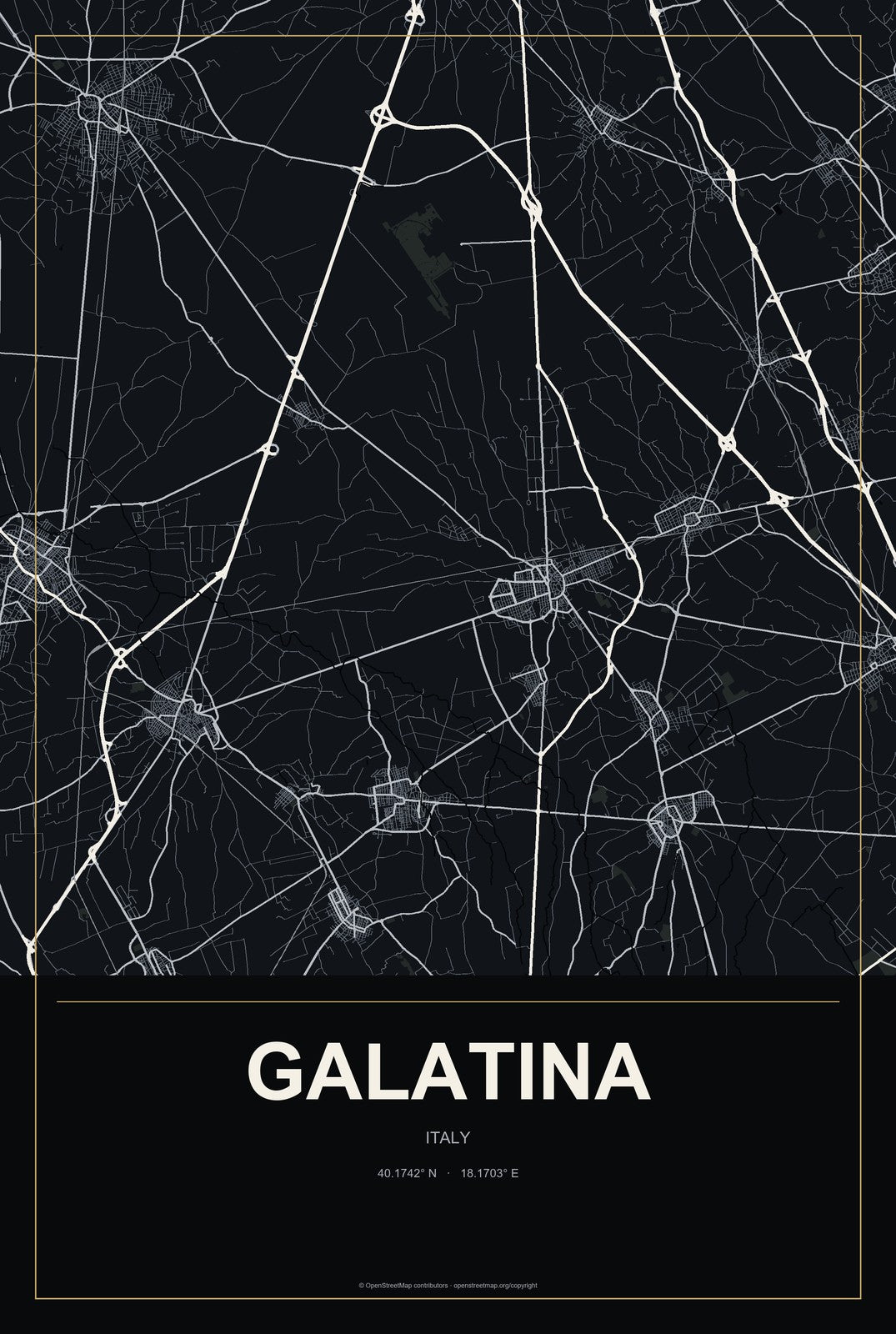 Galatina, Italy City Map Aluminum Sign in Metropolitan Noir style