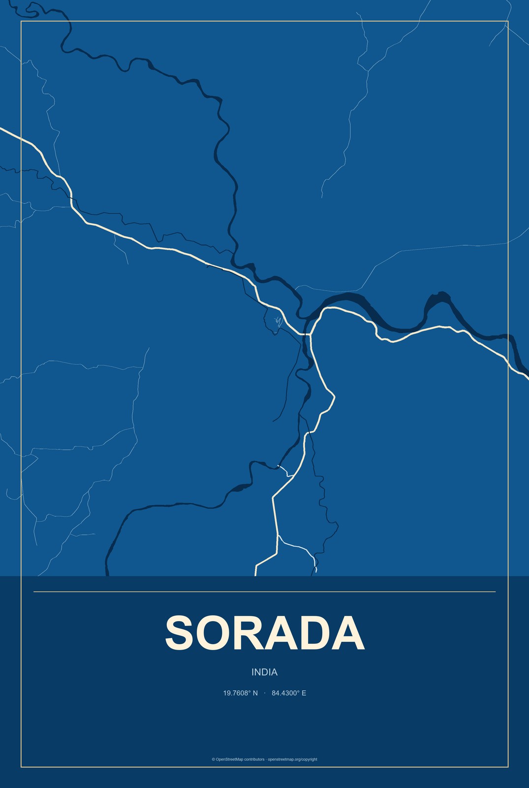 Sorada, India City Map Aluminum Sign in Harbor Cobalt style
