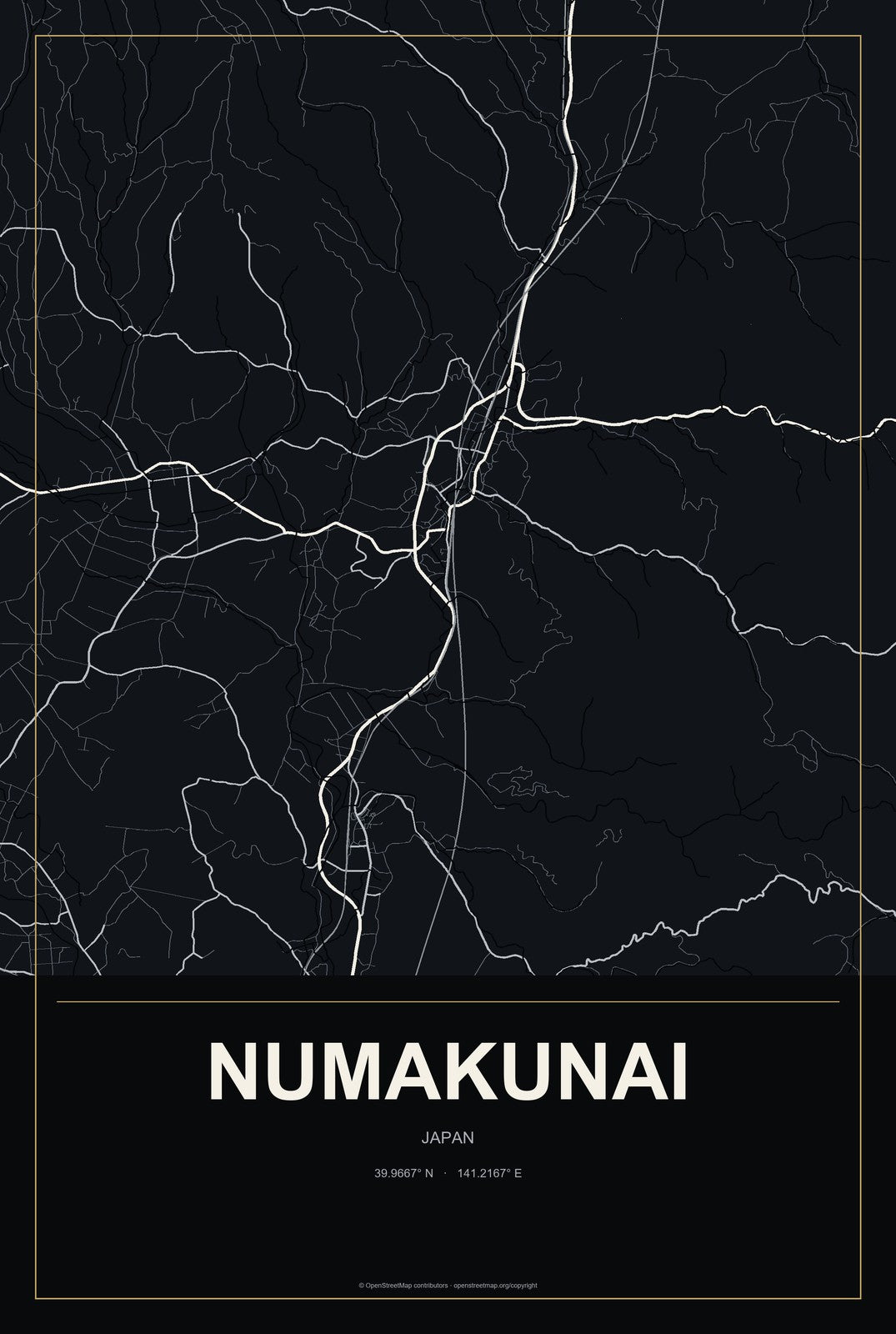 Numakunai, Japan City Map Aluminum Sign in Metropolitan Noir style