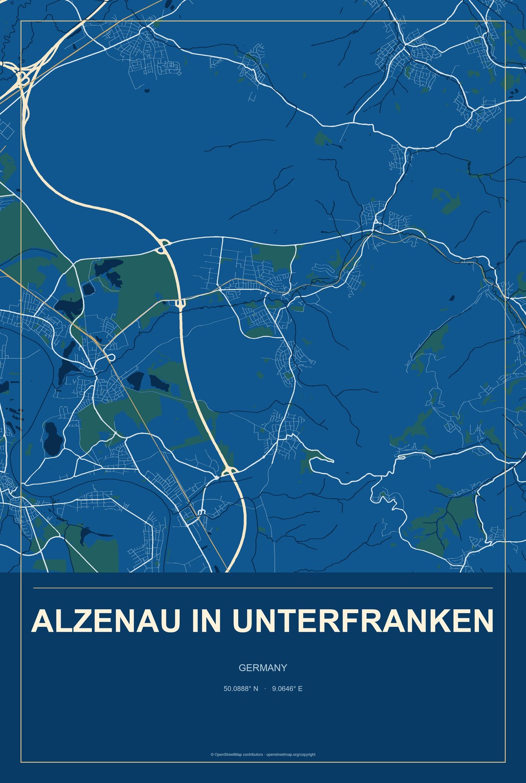 Alzenau in Unterfranken, Germany City Map Aluminum Sign in Harbor Cobalt style