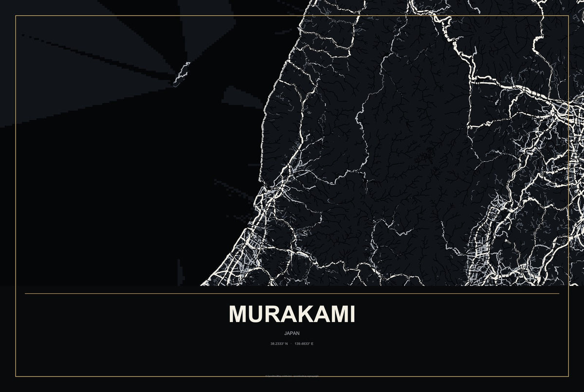 Murakami, Japan City Map Aluminum Sign in Metropolitan Noir style