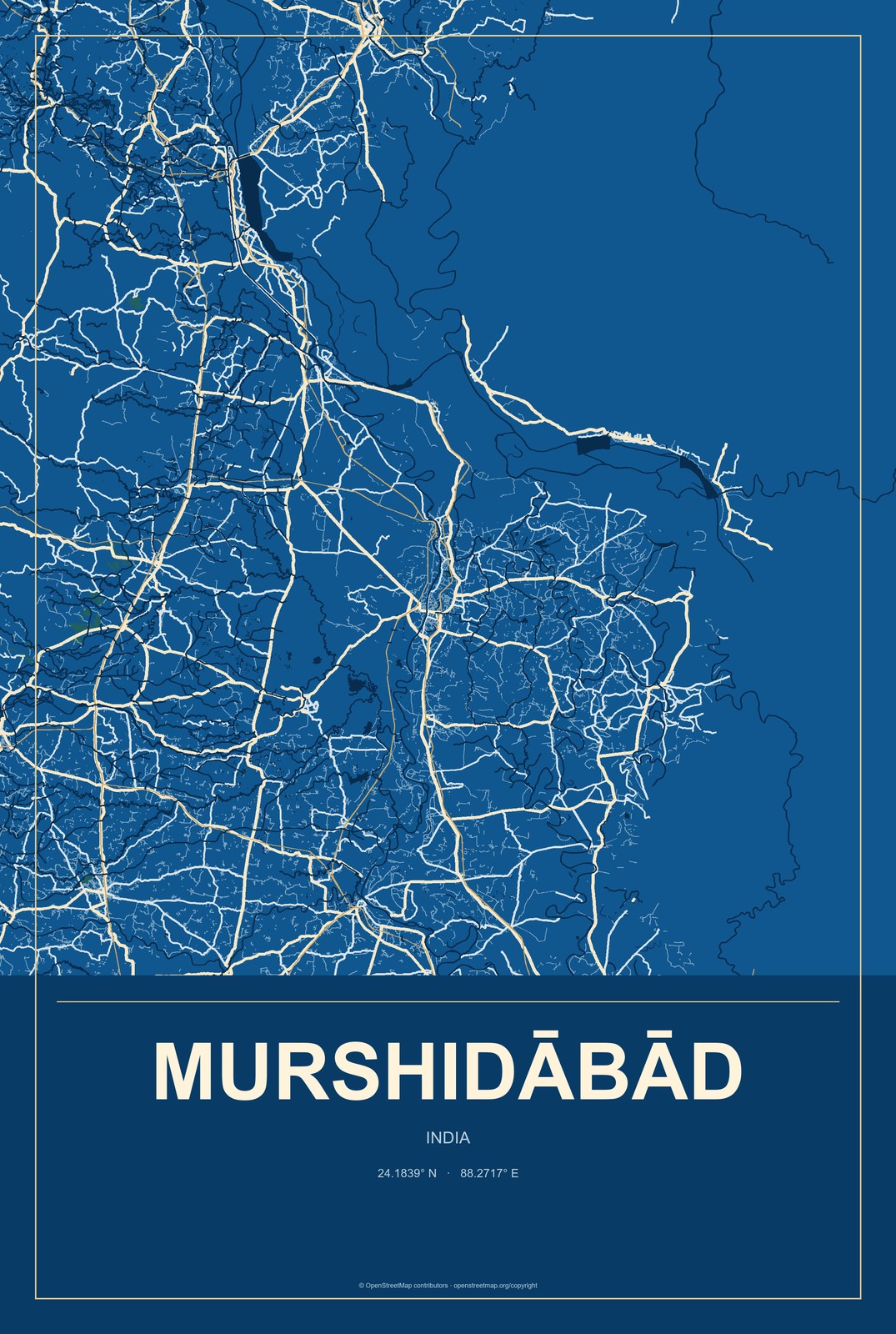 Murshidābād, India City Map Aluminum Sign in Harbor Cobalt style