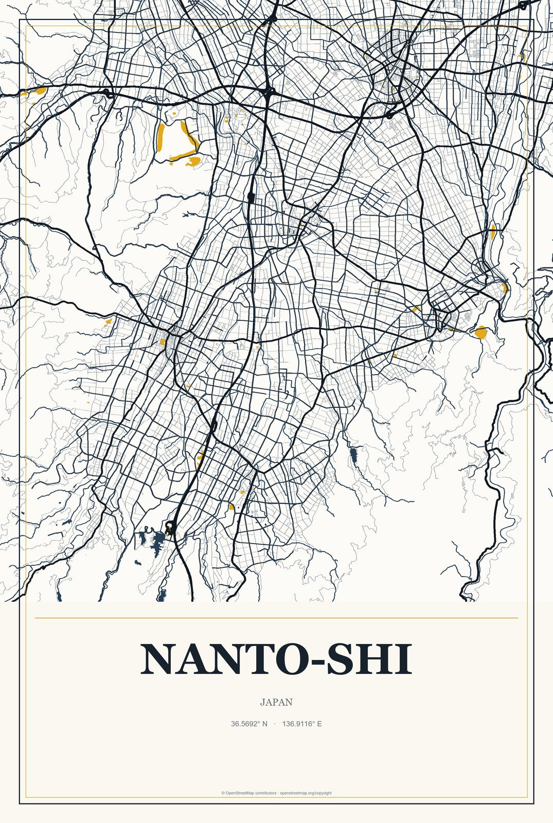 Nanto-shi, Japan City Map Aluminum Sign in Citrine Modern style