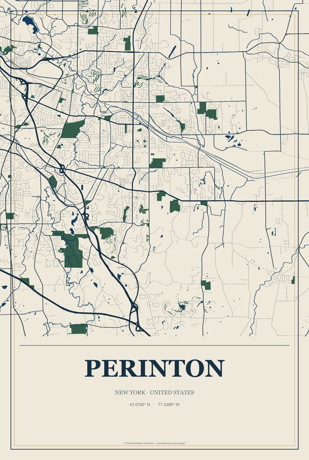 Perinton, New York City Map Aluminum Sign in Coastal Cutout style