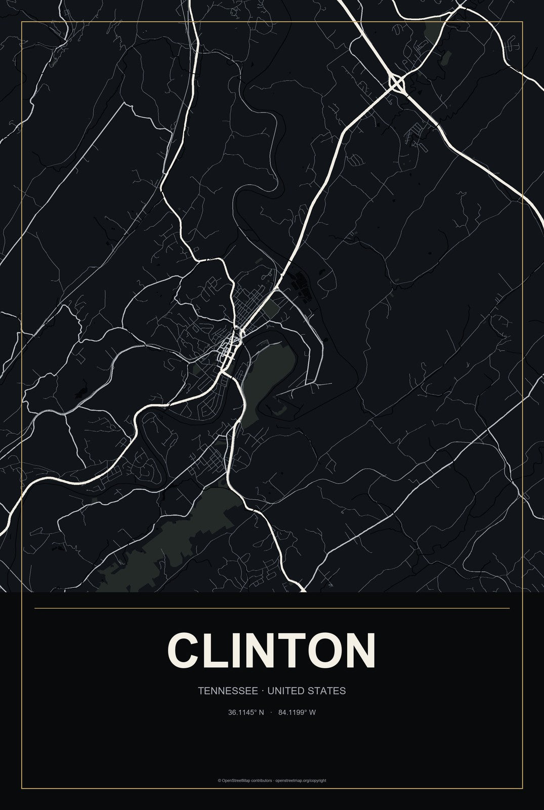 Clinton, Tennessee City Map Aluminum Sign in Metropolitan Noir style