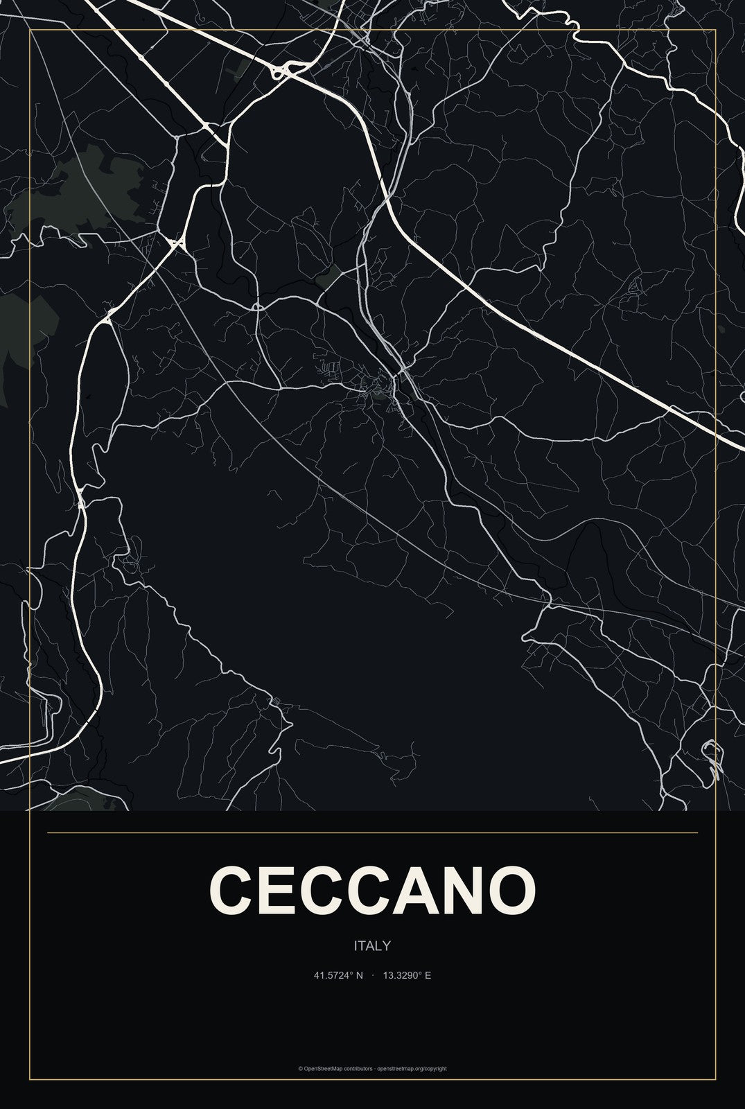 Ceccano, Italy City Map Aluminum Sign in Metropolitan Noir style