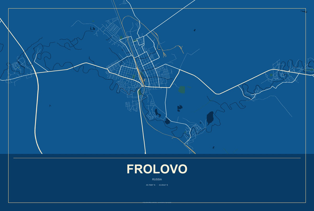 Frolovo, Russia City Map Aluminum Sign in Harbor Cobalt style