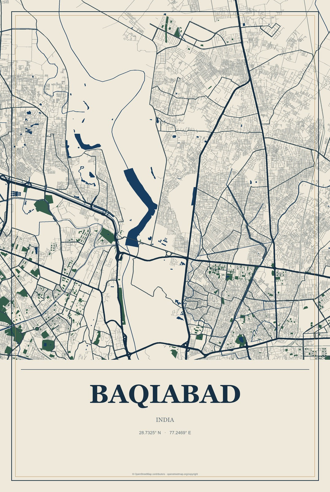 Baqiabad, India City Map Aluminum Sign in Coastal Cutout style
