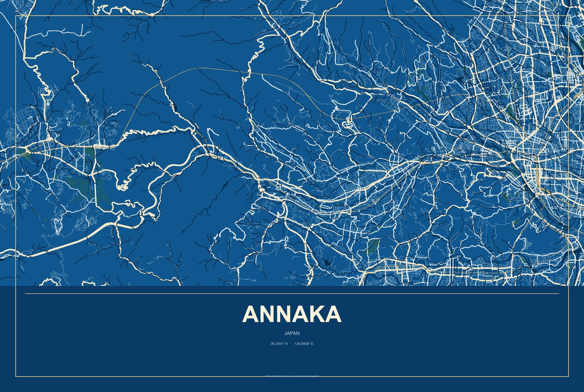 Annaka, Japan City Map Aluminum Sign in Harbor Cobalt style