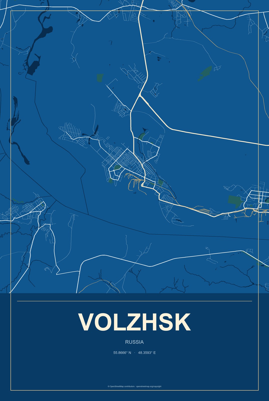 Volzhsk, Russia City Map Aluminum Sign in Harbor Cobalt style
