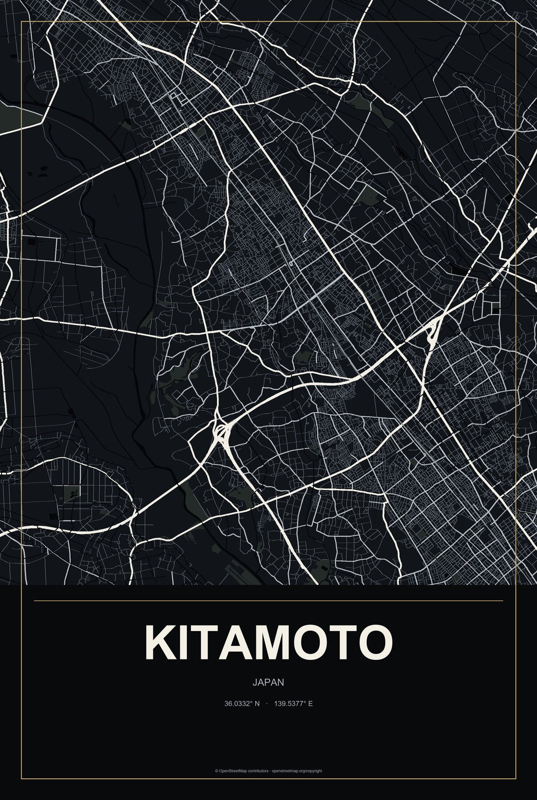 Kitamoto, Japan City Map Aluminum Sign in Metropolitan Noir style