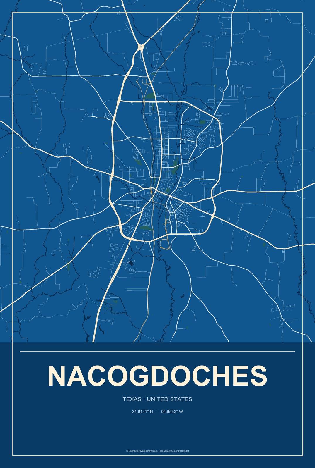 Nacogdoches, Texas City Map Aluminum Sign in Harbor Cobalt style