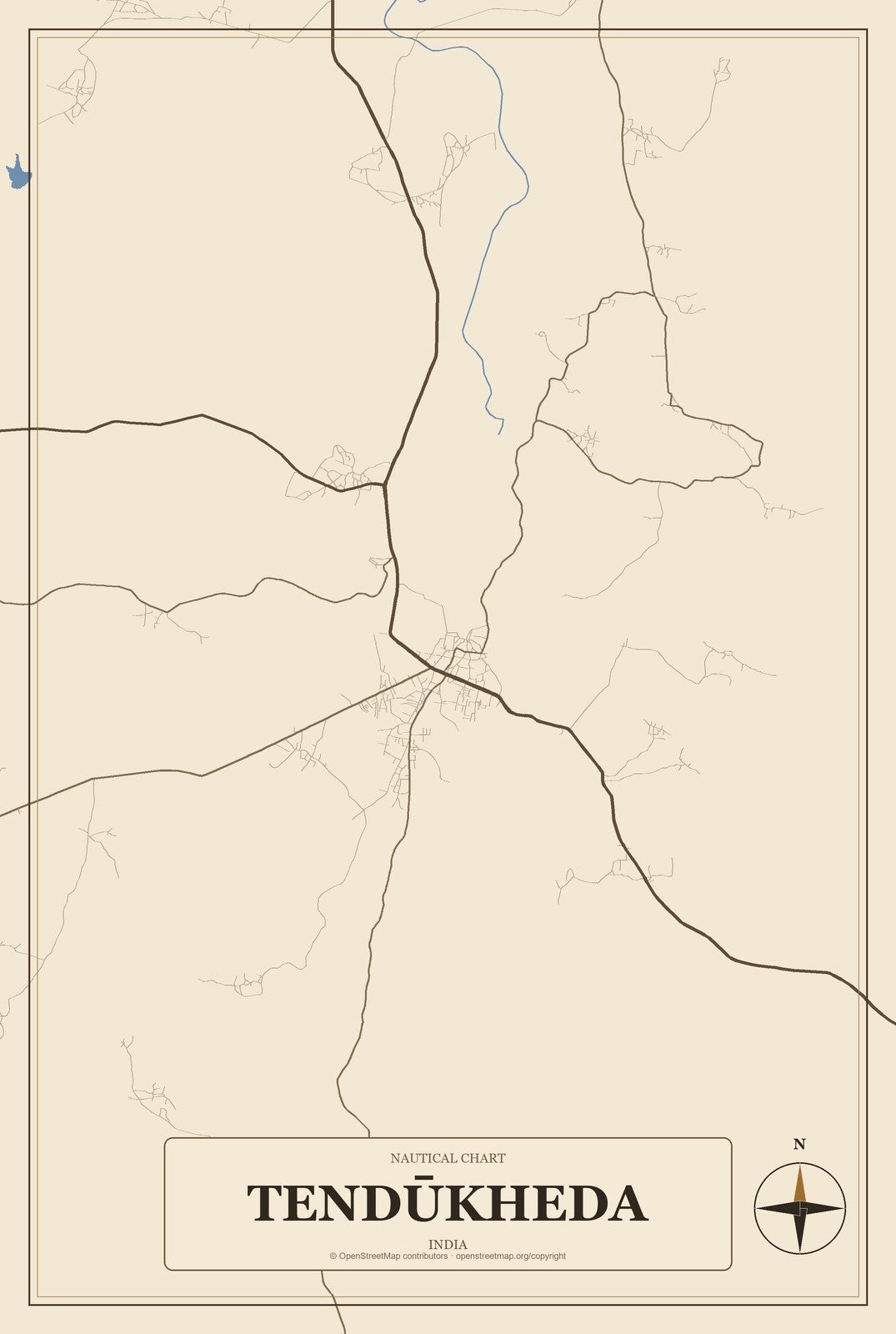 Tendūkheda, India City Map Aluminum Sign in Heritage Nautical style