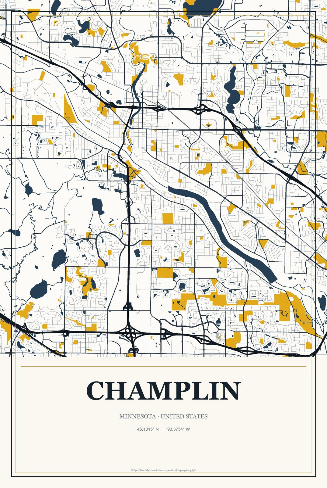 Champlin, Minnesota City Map Aluminum Sign in Citrine Modern style